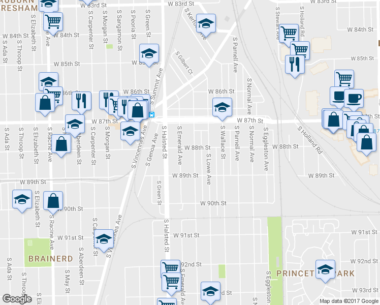 map of restaurants, bars, coffee shops, grocery stores, and more near 8749 South Emerald Avenue in Chicago