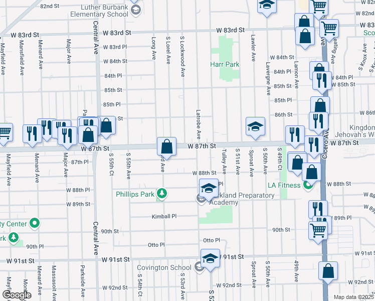 map of restaurants, bars, coffee shops, grocery stores, and more near in Oak Lawn