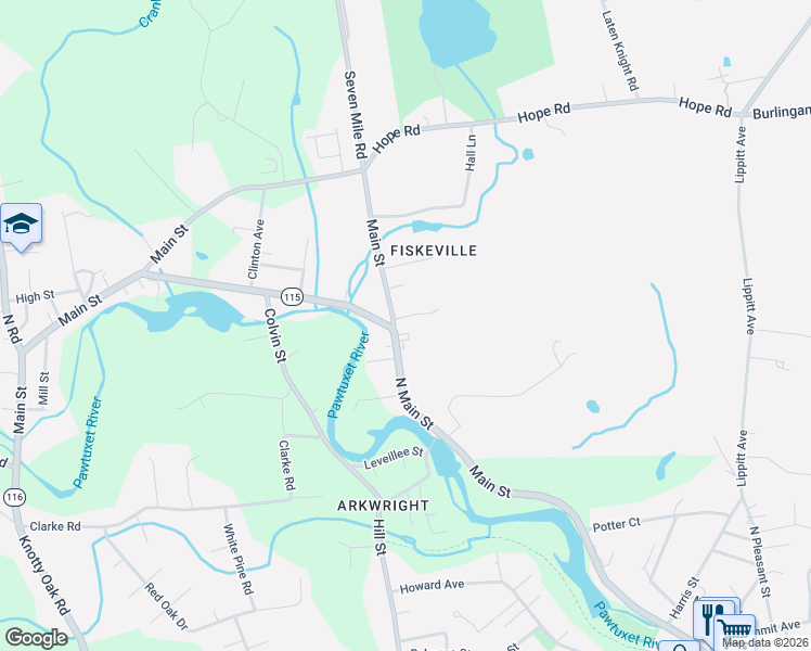 map of restaurants, bars, coffee shops, grocery stores, and more near 241 Main Street in Cranston