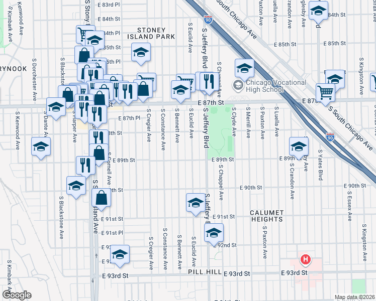 map of restaurants, bars, coffee shops, grocery stores, and more near 8819 South Bennett Avenue in Chicago
