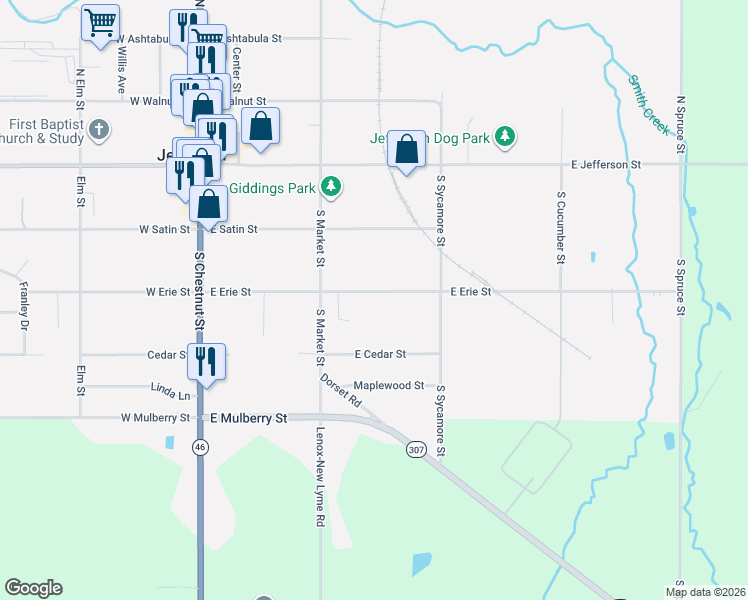 map of restaurants, bars, coffee shops, grocery stores, and more near 144 East Erie Street in Jefferson
