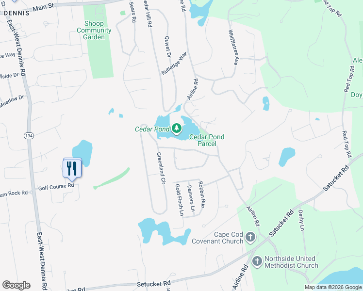 map of restaurants, bars, coffee shops, grocery stores, and more near 44 Indian Field Drive in Dennis