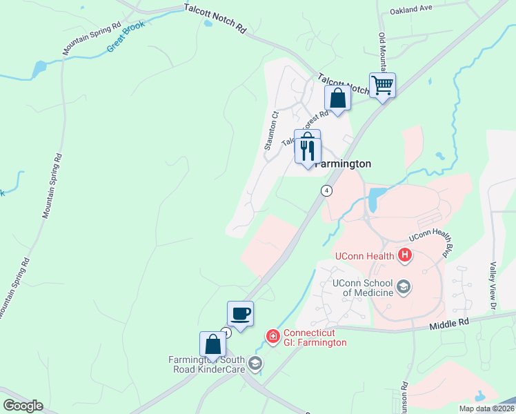 map of restaurants, bars, coffee shops, grocery stores, and more near 5 Talcott Forest Road in Farmington
