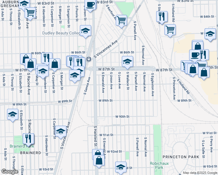 map of restaurants, bars, coffee shops, grocery stores, and more near 8749 South Emerald Avenue in Chicago
