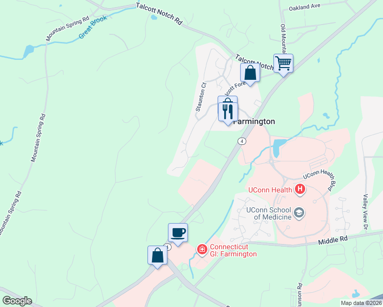 map of restaurants, bars, coffee shops, grocery stores, and more near 9 Talcott Forest Road in Farmington