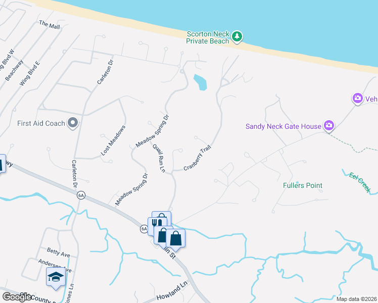 map of restaurants, bars, coffee shops, grocery stores, and more near 12 Windmill Bog Way in Sandwich