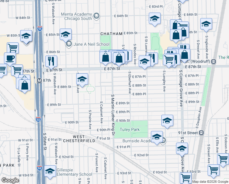 map of restaurants, bars, coffee shops, grocery stores, and more near 423 East 88th Street in Chicago