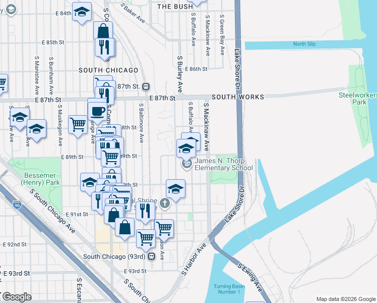 map of restaurants, bars, coffee shops, grocery stores, and more near 8854 South Buffalo Avenue in Chicago