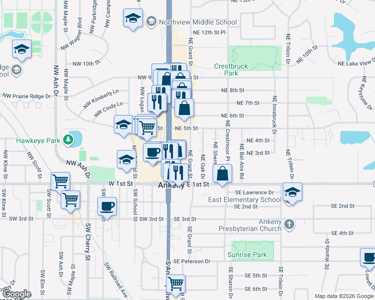 map of restaurants, bars, coffee shops, grocery stores, and more near 314 Northeast Grant Street in Ankeny