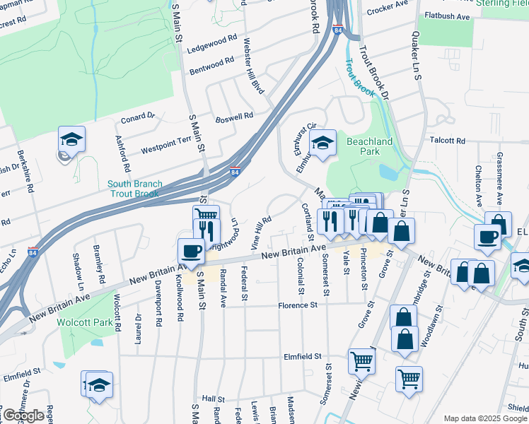 map of restaurants, bars, coffee shops, grocery stores, and more near 122 Cortland Circle in West Hartford