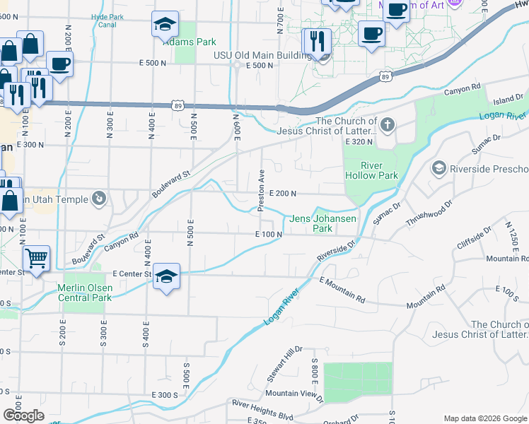 map of restaurants, bars, coffee shops, grocery stores, and more near 680 East 200 North in Logan