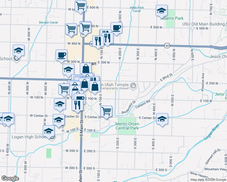 map of restaurants, bars, coffee shops, grocery stores, and more near 165 East 100 North in Logan