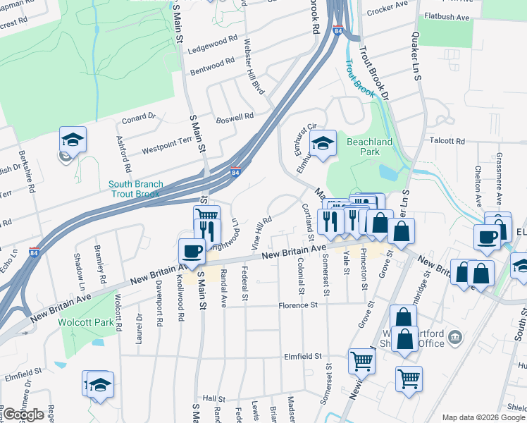 map of restaurants, bars, coffee shops, grocery stores, and more near 120 Cortland Circle in West Hartford