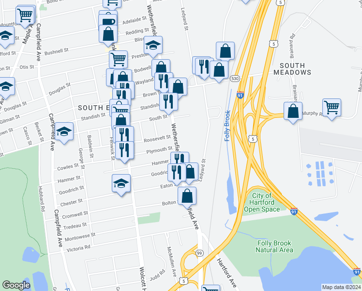 map of restaurants, bars, coffee shops, grocery stores, and more near 794 Wethersfield Avenue in Hartford