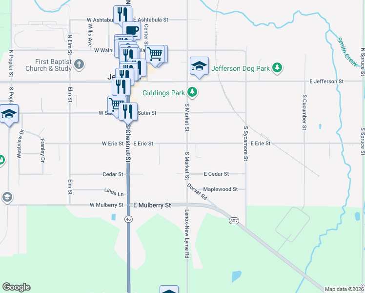 map of restaurants, bars, coffee shops, grocery stores, and more near 147 South Market Street in Jefferson