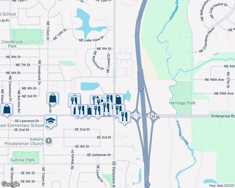 map of restaurants, bars, coffee shops, grocery stores, and more near 317 Northeast Delaware Avenue in Ankeny