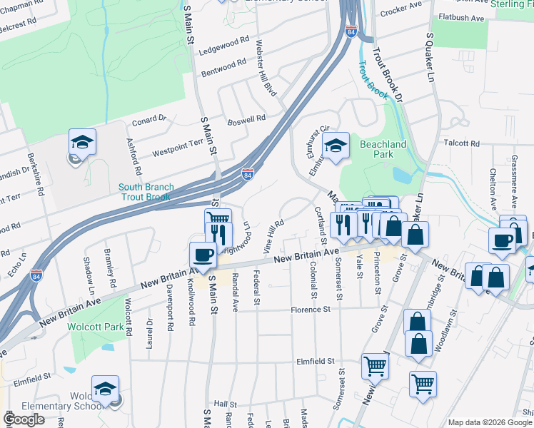 map of restaurants, bars, coffee shops, grocery stores, and more near 112 Cortland Circle in West Hartford