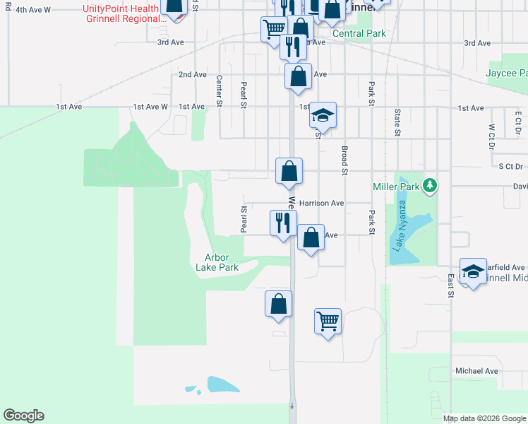 map of restaurants, bars, coffee shops, grocery stores, and more near 500-698 Harrison Ave in Grinnell