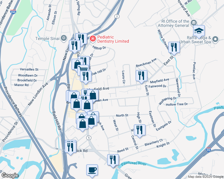 map of restaurants, bars, coffee shops, grocery stores, and more near 251 Mayfield Avenue in Cranston