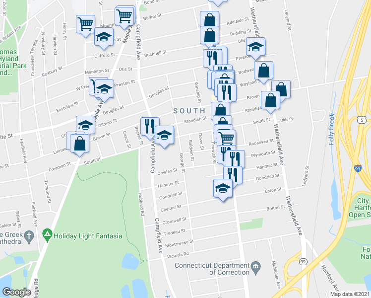 map of restaurants, bars, coffee shops, grocery stores, and more near 16 Baldwin Street in Hartford