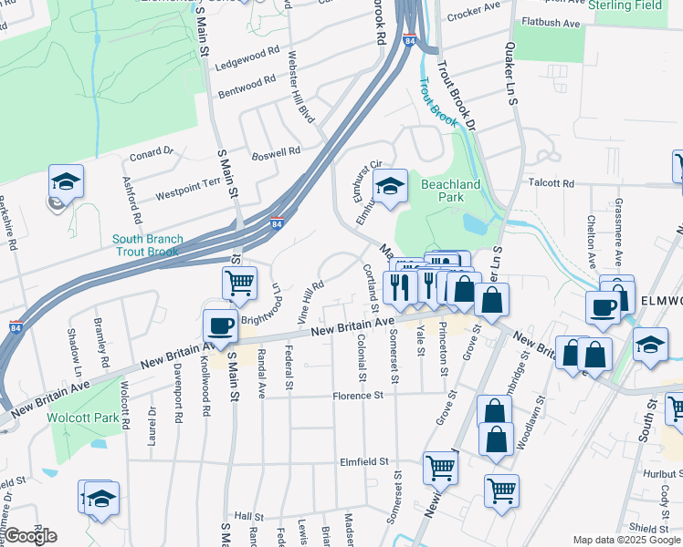 map of restaurants, bars, coffee shops, grocery stores, and more near 89 Vine Hill Road in West Hartford