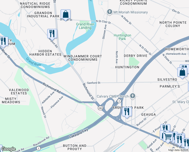 map of restaurants, bars, coffee shops, grocery stores, and more near 835 Skinner Avenue in Painesville