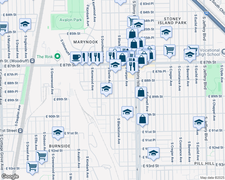 map of restaurants, bars, coffee shops, grocery stores, and more near 8814 South Dante Avenue in Chicago