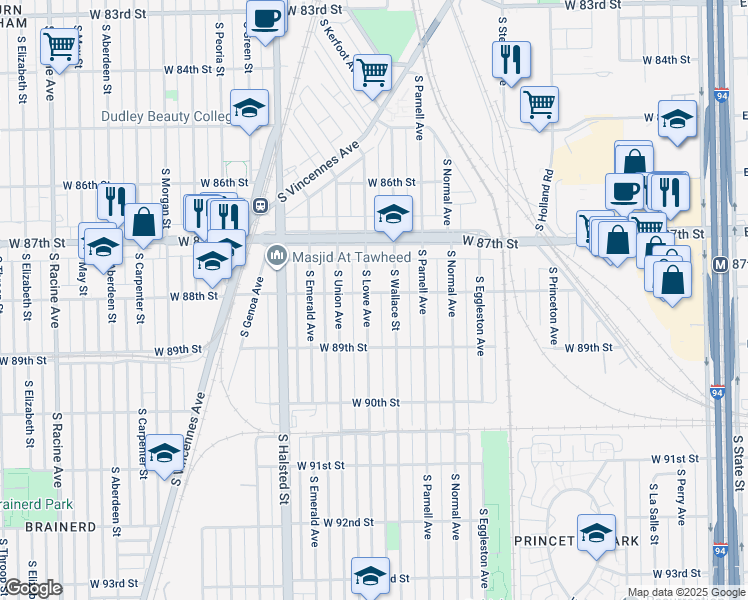 map of restaurants, bars, coffee shops, grocery stores, and more near 8800 South Wallace Street in Chicago