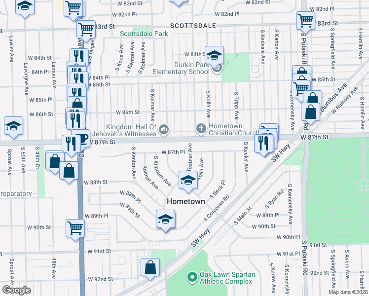 map of restaurants, bars, coffee shops, grocery stores, and more near 4403 West 87th Street in Hometown