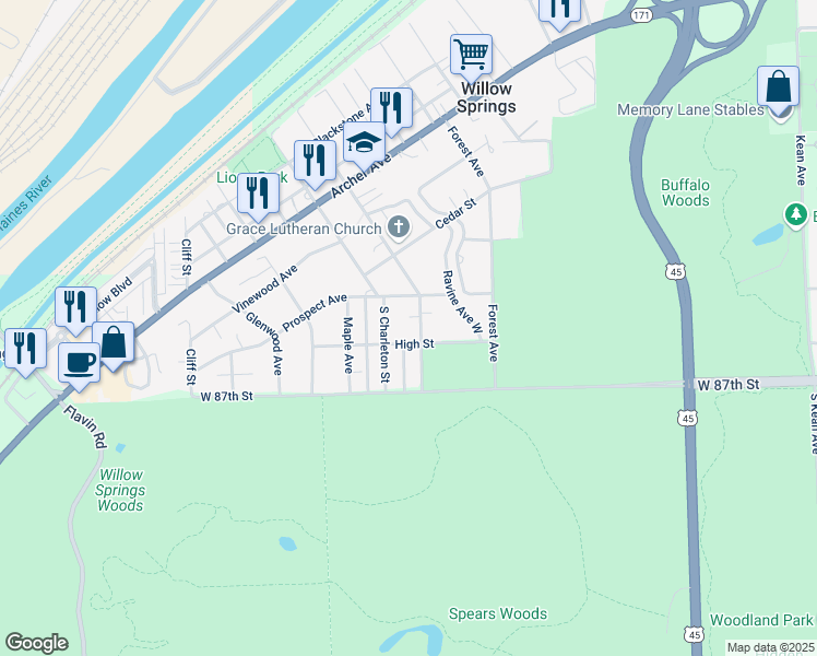 map of restaurants, bars, coffee shops, grocery stores, and more near 506 South Charleton Street in Willow Springs