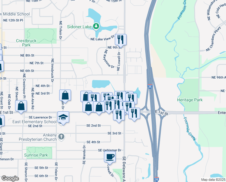 map of restaurants, bars, coffee shops, grocery stores, and more near 410 Northeast Delaware Avenue in Ankeny