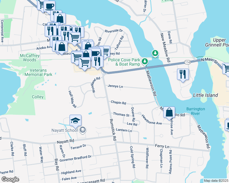 map of restaurants, bars, coffee shops, grocery stores, and more near 11 Jennys Lane in Barrington