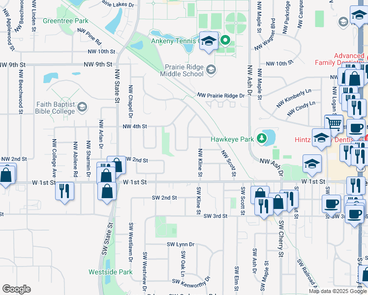 map of restaurants, bars, coffee shops, grocery stores, and more near 313 Northwest Bramble Road in Ankeny