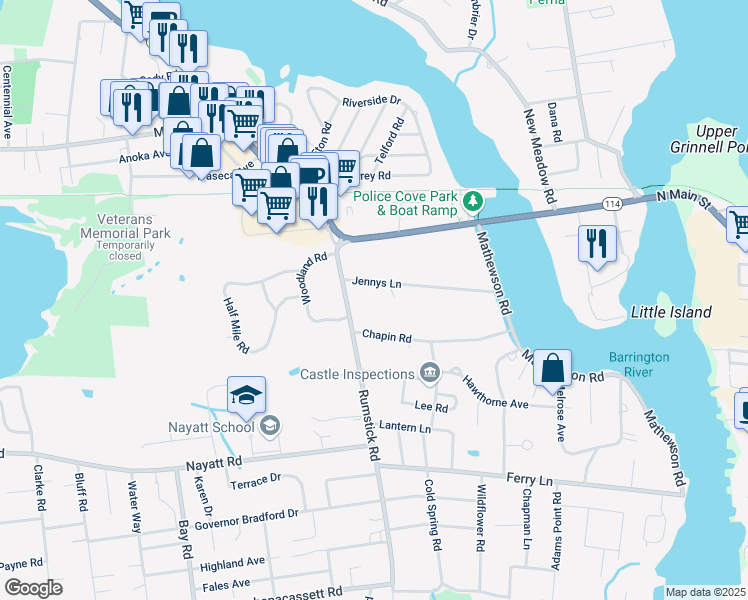 map of restaurants, bars, coffee shops, grocery stores, and more near 11 Jennys Lane in Barrington