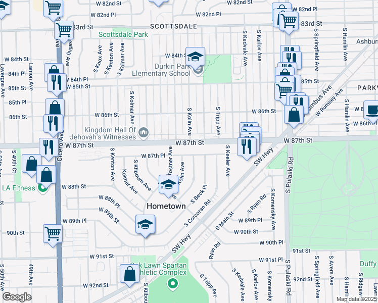 map of restaurants, bars, coffee shops, grocery stores, and more near 4334 West 87th Place in Oak Lawn