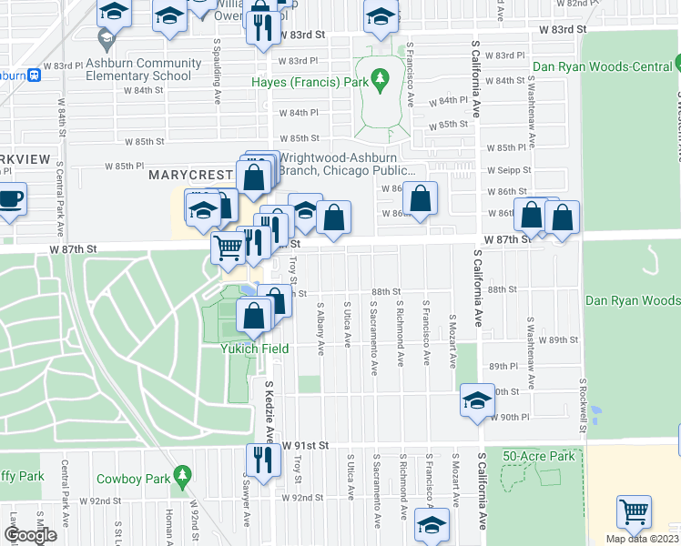 map of restaurants, bars, coffee shops, grocery stores, and more near 8738 South Utica Avenue in Evergreen Park