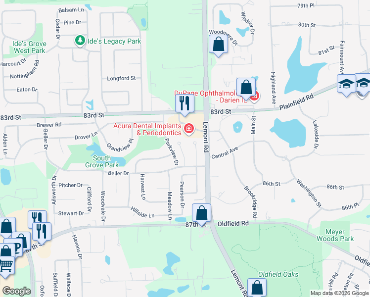 map of restaurants, bars, coffee shops, grocery stores, and more near 8421 Chicory Court in Darien
