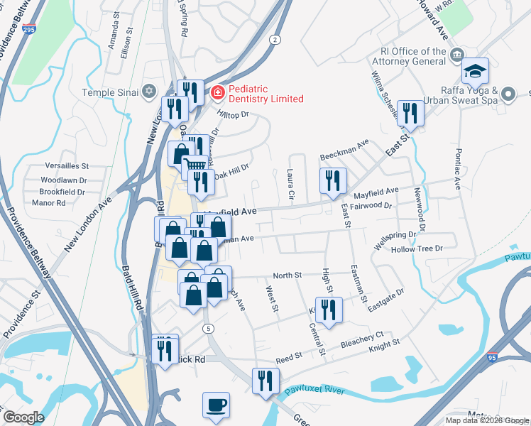 map of restaurants, bars, coffee shops, grocery stores, and more near 251 Mayfield Avenue in Cranston