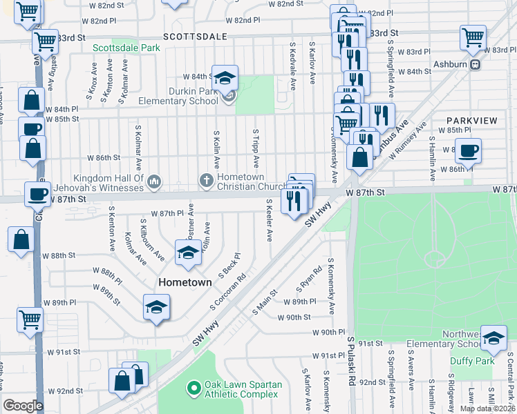 map of restaurants, bars, coffee shops, grocery stores, and more near 4221 West 87th Street in Hometown