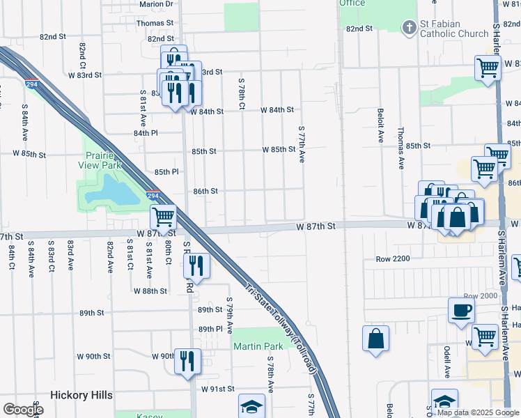 map of restaurants, bars, coffee shops, grocery stores, and more near 8622 South 78th Avenue in Bridgeview