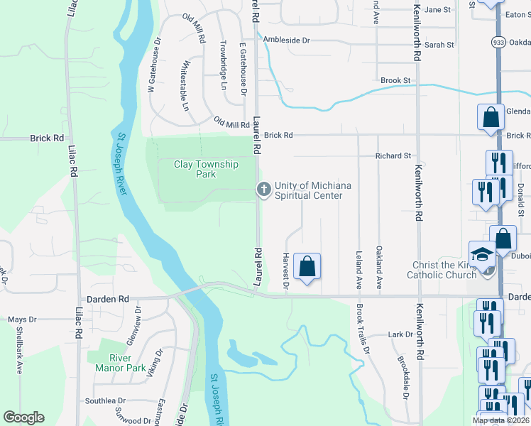 map of restaurants, bars, coffee shops, grocery stores, and more near 52350 Laurel Road in South Bend