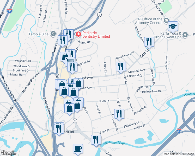 map of restaurants, bars, coffee shops, grocery stores, and more near 255 Mayfield Avenue in Cranston