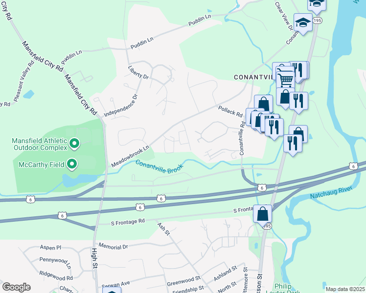 map of restaurants, bars, coffee shops, grocery stores, and more near 73 Meadowbrook Lane in Mansfield