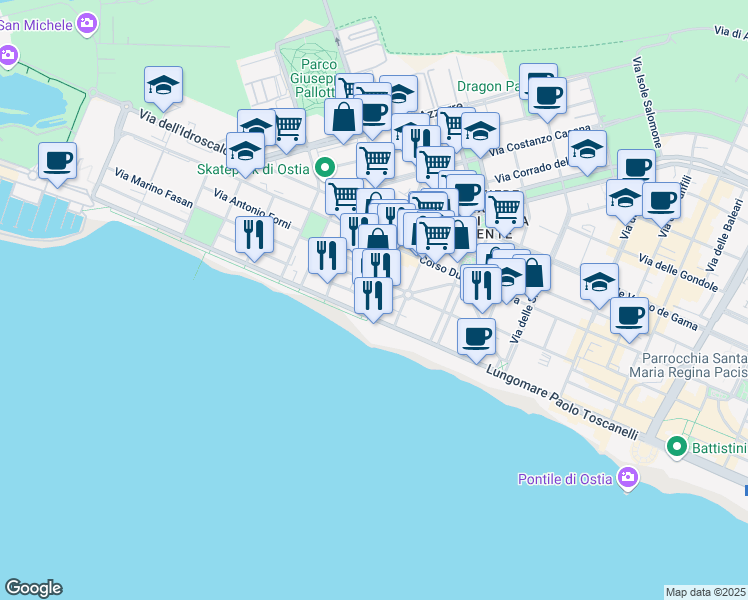 map of restaurants, bars, coffee shops, grocery stores, and more near 3 Via delle Zattere in Lido di Ostia