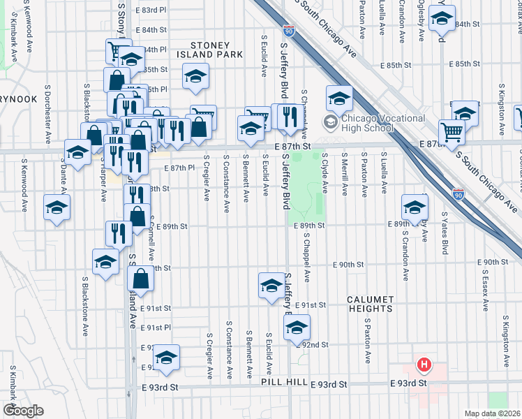 map of restaurants, bars, coffee shops, grocery stores, and more near 8819 South Bennett Avenue in Chicago