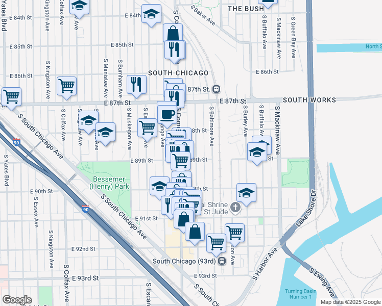 map of restaurants, bars, coffee shops, grocery stores, and more near 8836 South Houston Avenue in Chicago