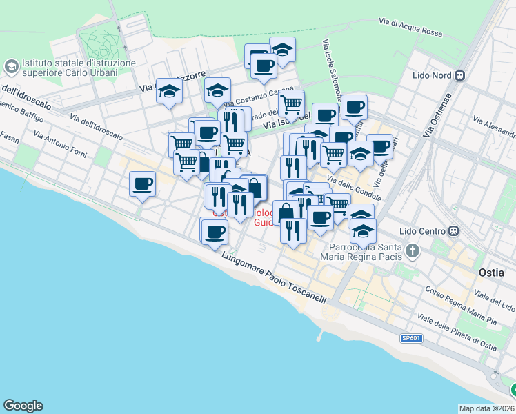 map of restaurants, bars, coffee shops, grocery stores, and more near 74 Via delle Sirene in Lido di Ostia