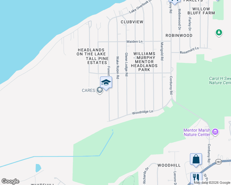 map of restaurants, bars, coffee shops, grocery stores, and more near 5007 Forest Road in Mentor