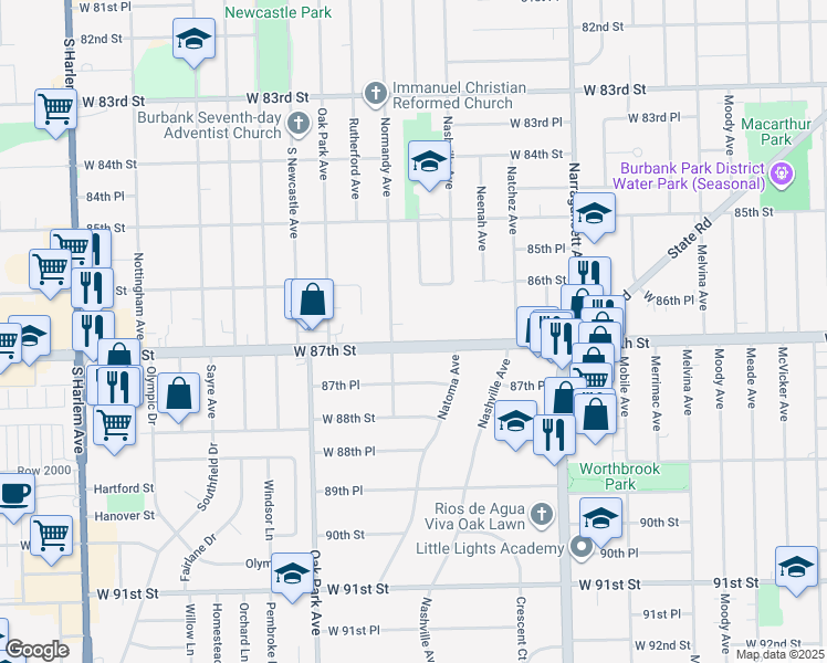 map of restaurants, bars, coffee shops, grocery stores, and more near 6600 West 87th Street in Burbank