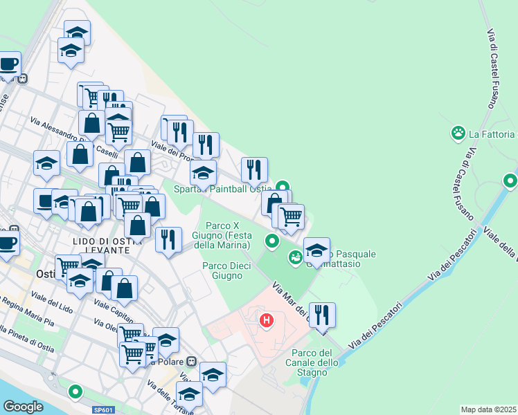 map of restaurants, bars, coffee shops, grocery stores, and more near 418 Viale dei Promontori in Lido di Ostia